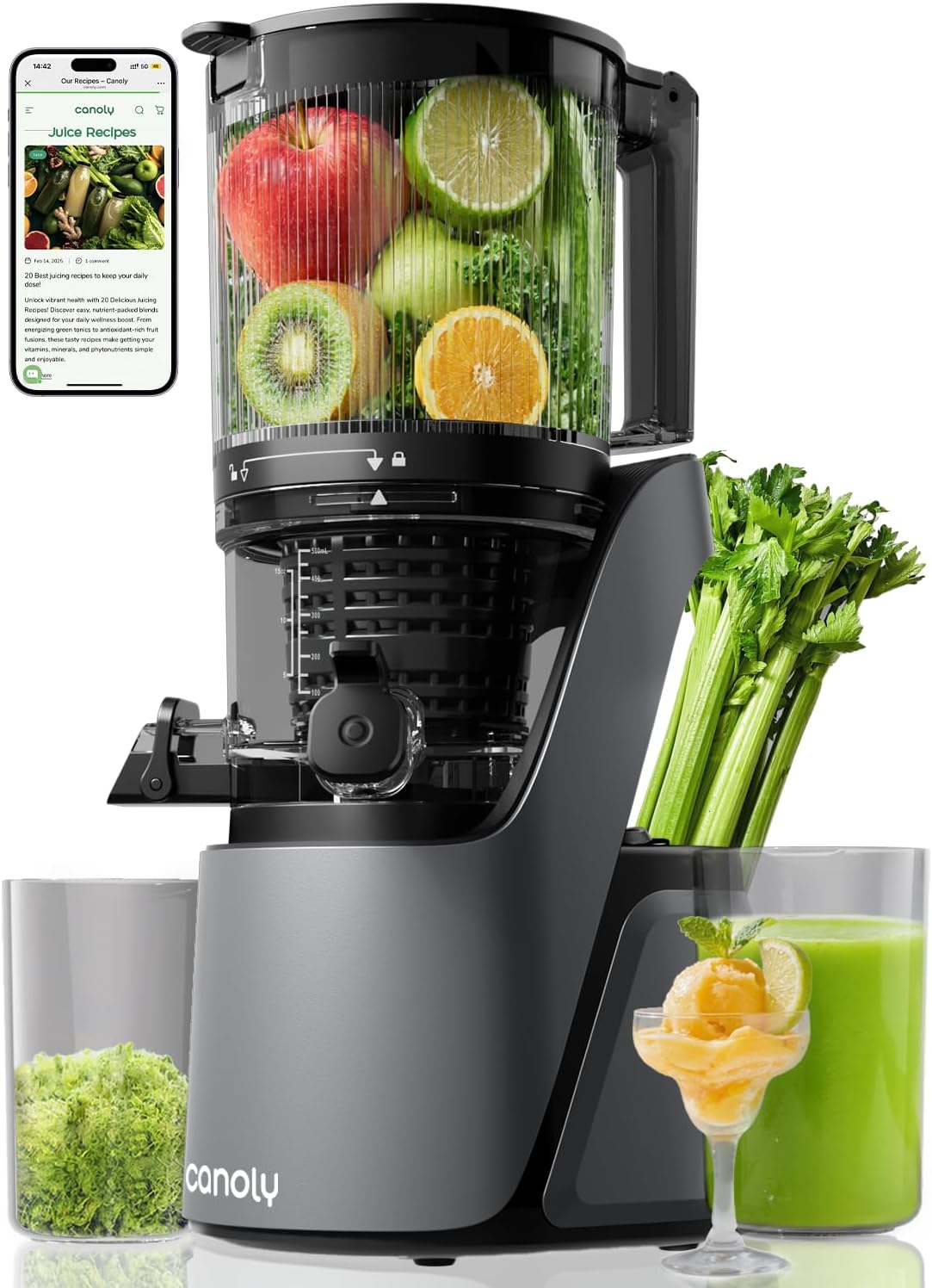 Canoly C16 Cold Press Juicer, 6" Extra Wide Feed Chute, 3-IN-1 Strainers (Juice & Sorbet & Nut
