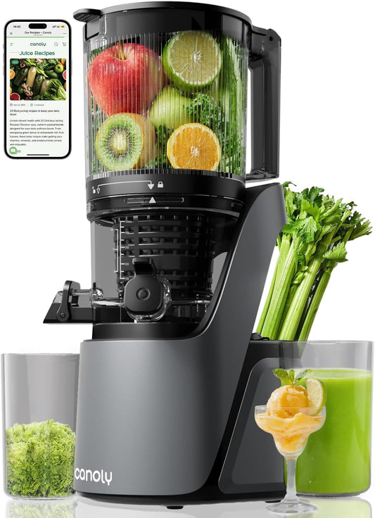 Canoly C16 Cold Press Juicer, 6" Extra Wide Feed Chute, 3-IN-1 Strainers (Juice & Sorbet & Nut