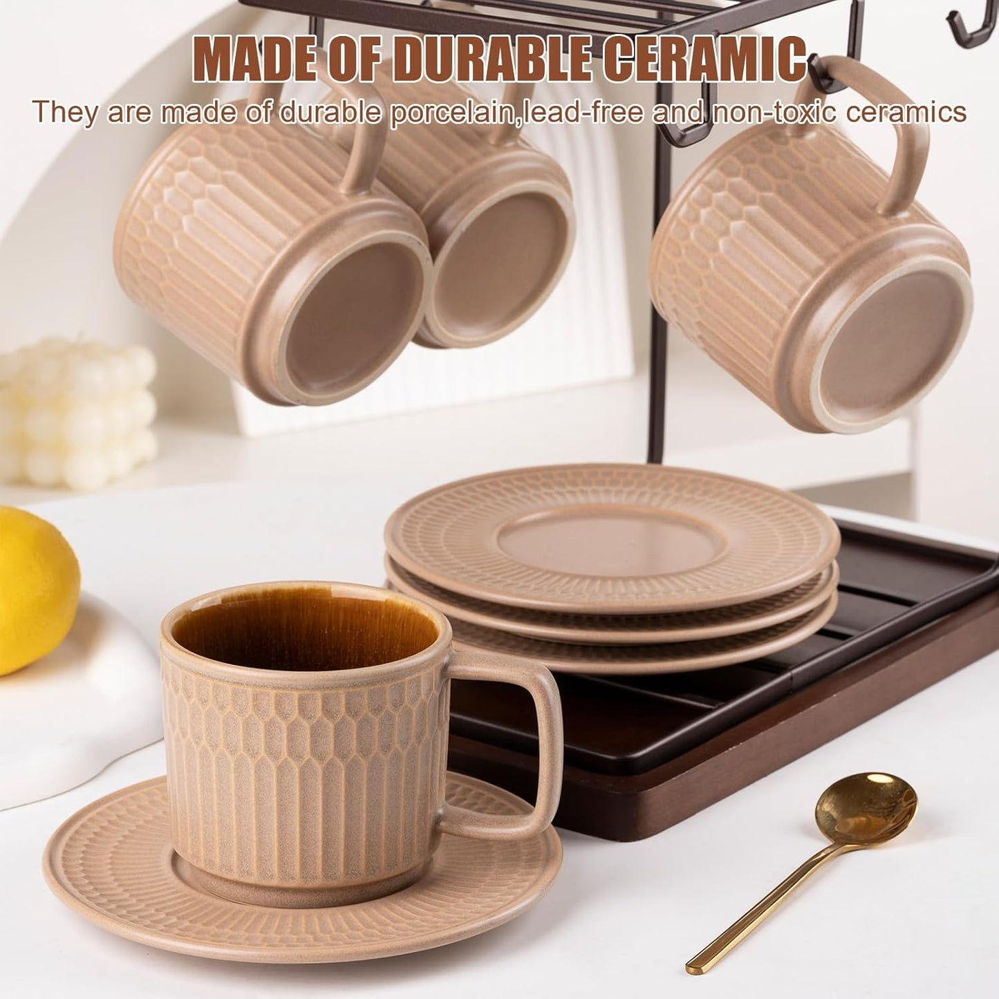 Large Cappuccino Cups with Saucers Set of 4, 8 Ounce Stackable Embossed Ceramic Coffee Mugs for
