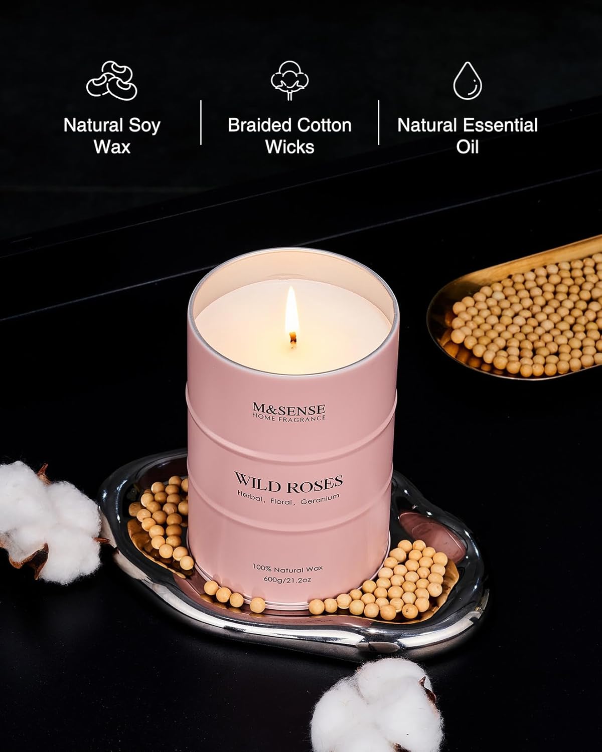 M&SENSE Wild Rose Large Natural Scented Candle, 120 Hours Long Lasting Soy Candles 21.2oz, Stress