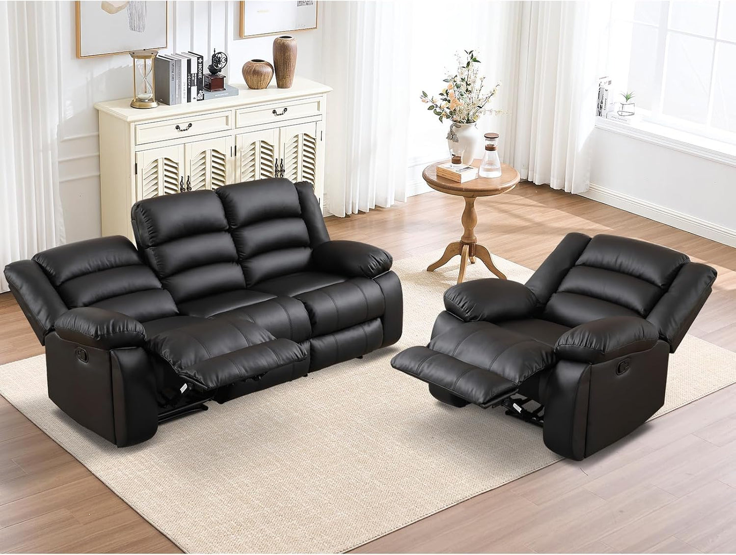 EBELLO Faux Leather Manual Recliner Sofa Set, 3 Seat Reclining Sofa, Couch Furniture Set for Living