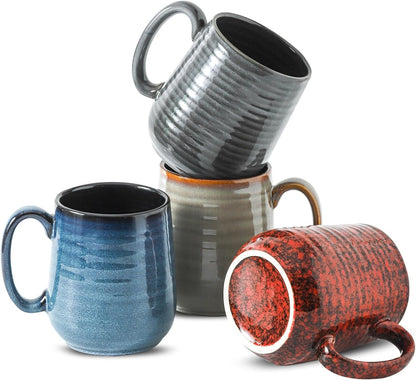 Hasense Coffee Mugs Set of 4, 12 Oz Stoneware Coffee Cups with Large Handle, Colorful Rustic Mug