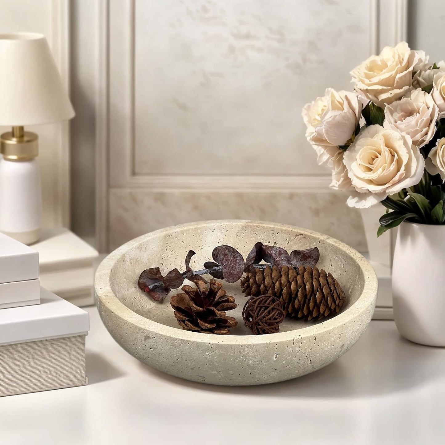 Travertine Decorative Bowls for Home Decor, Marble Fruit Bowl for Kitchen Counter, Keys Bowl for