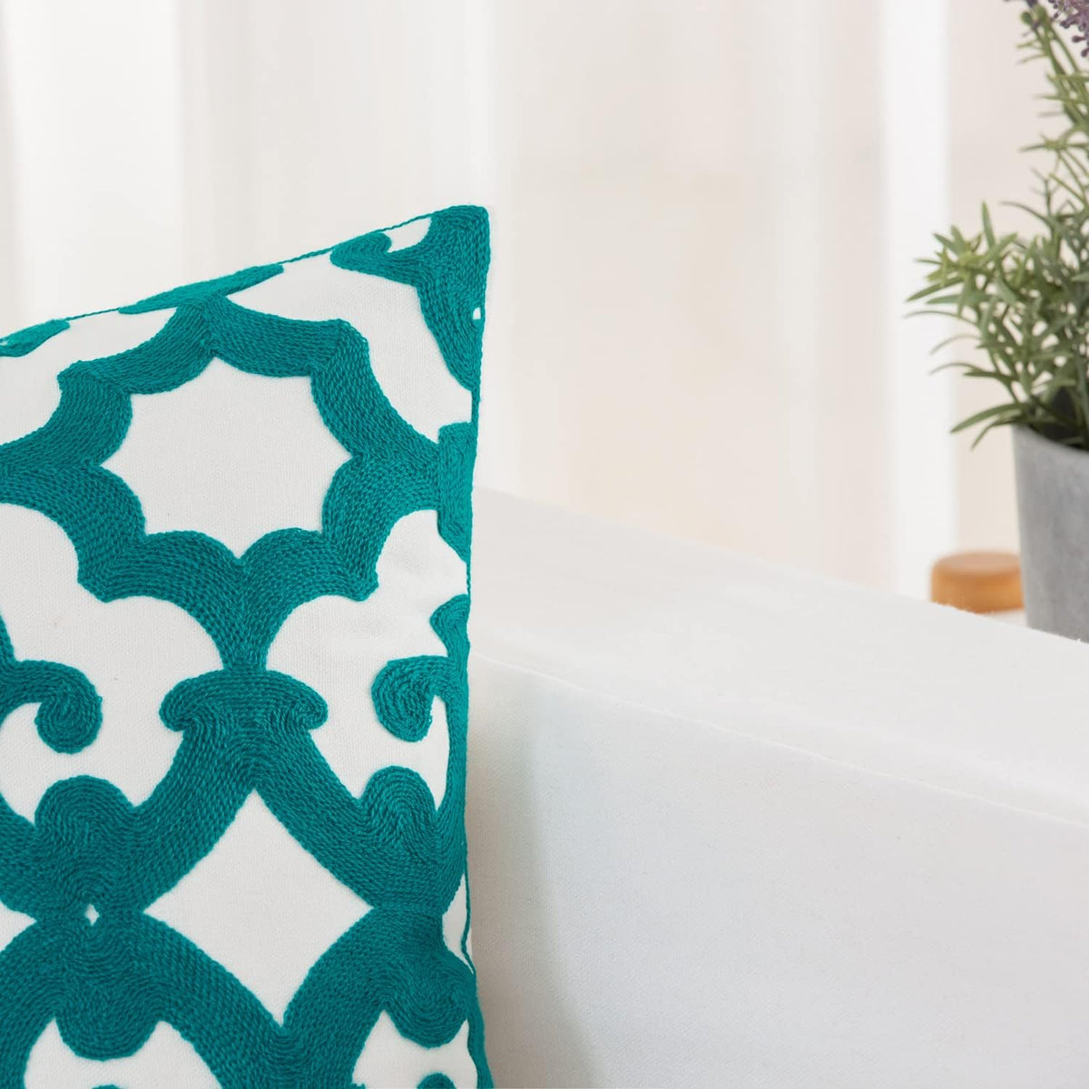 HWY 50 Teal Decorative Throw Pillow Covers 18x18 Inch (1 Piece), Embroidered Cotton Farmhouse