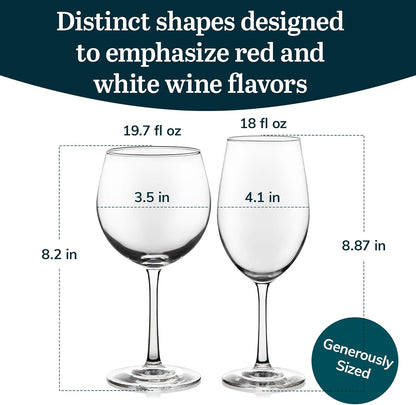 Libbey Vineyard Reserve Wine Glass Set of 12, Red and White Clear Wine Glasses, Merlot, Bordeaux
