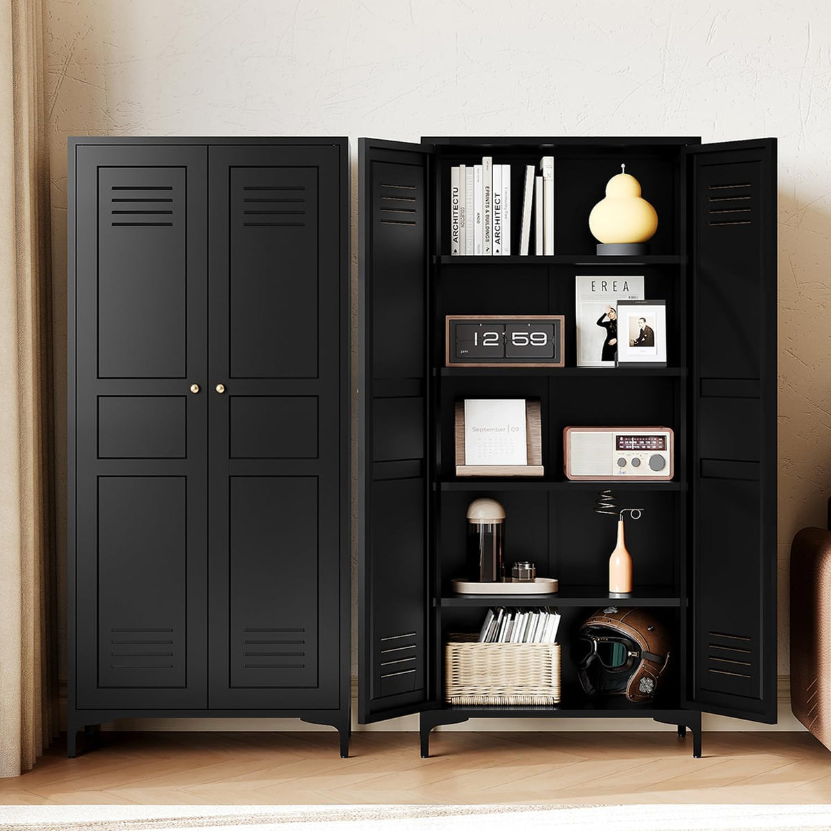 Letaya Black Storage Cabinet with Feets-Metal Home Kitchen Pantry Cabinets with Doors and