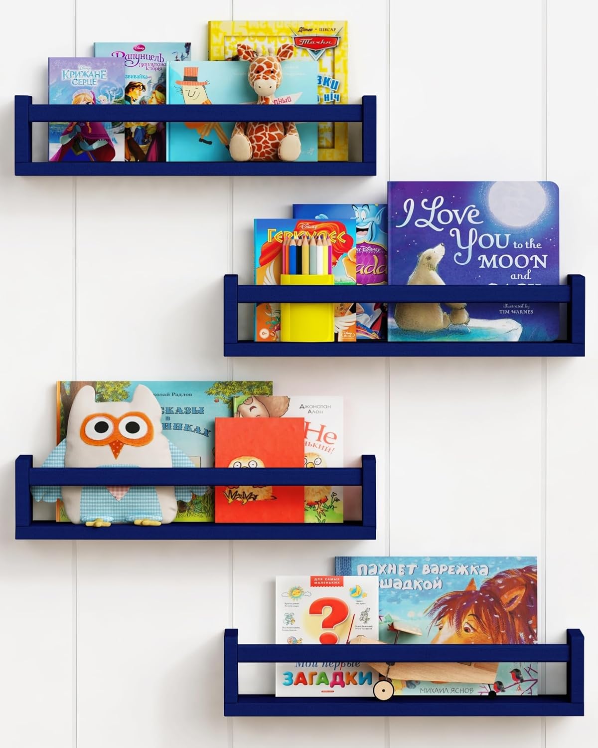 Forbena Navy Blue Floating Book Shelves for Nursery Boy, Decorative Wall Bookshelf for Kids Room