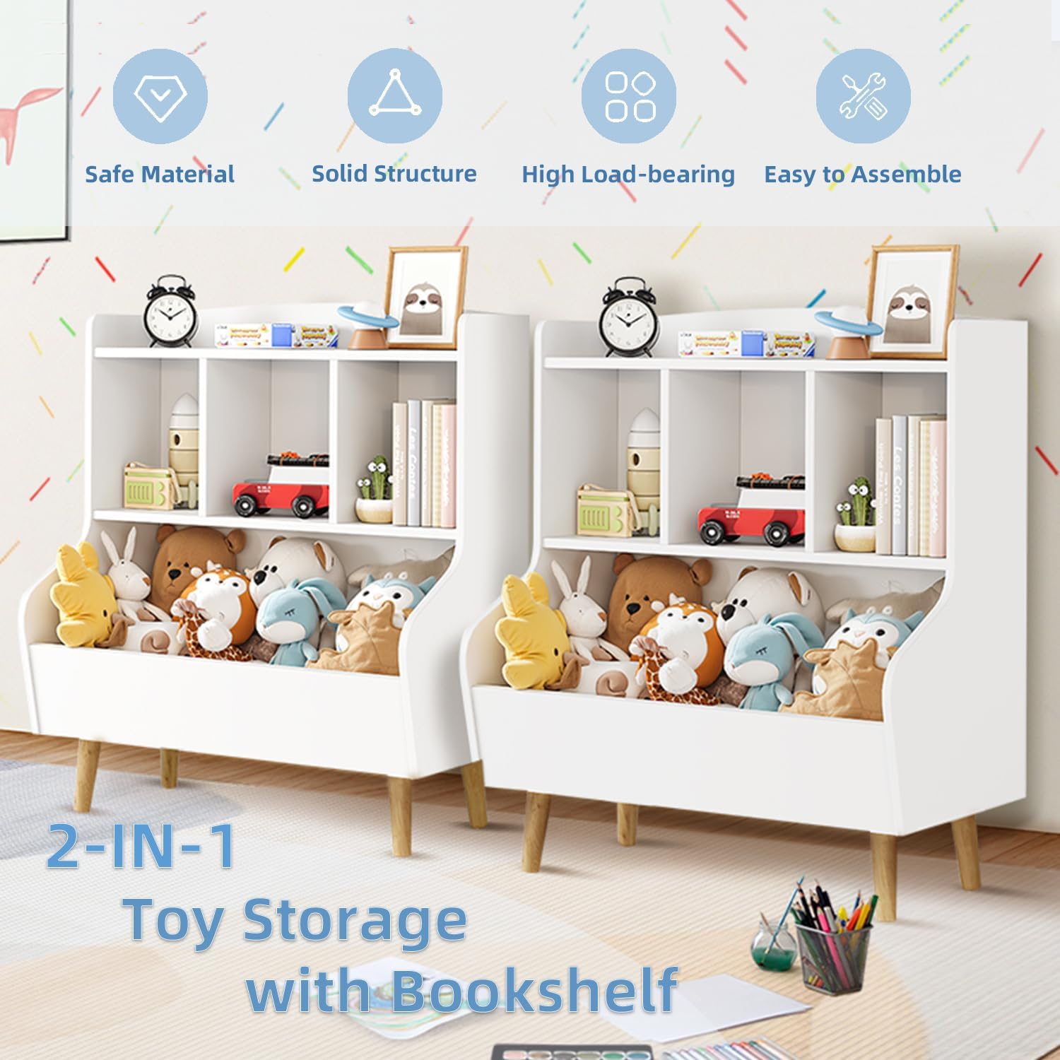 Kids Bookshelf and Toy Storage, 4-Cubby Toy Storage Organizer with Bookcase, Wood Kid Storage