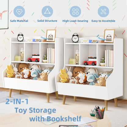 Kids Bookshelf and Toy Storage, 4-Cubby Toy Storage Organizer with Bookcase, Wood Kid Storage