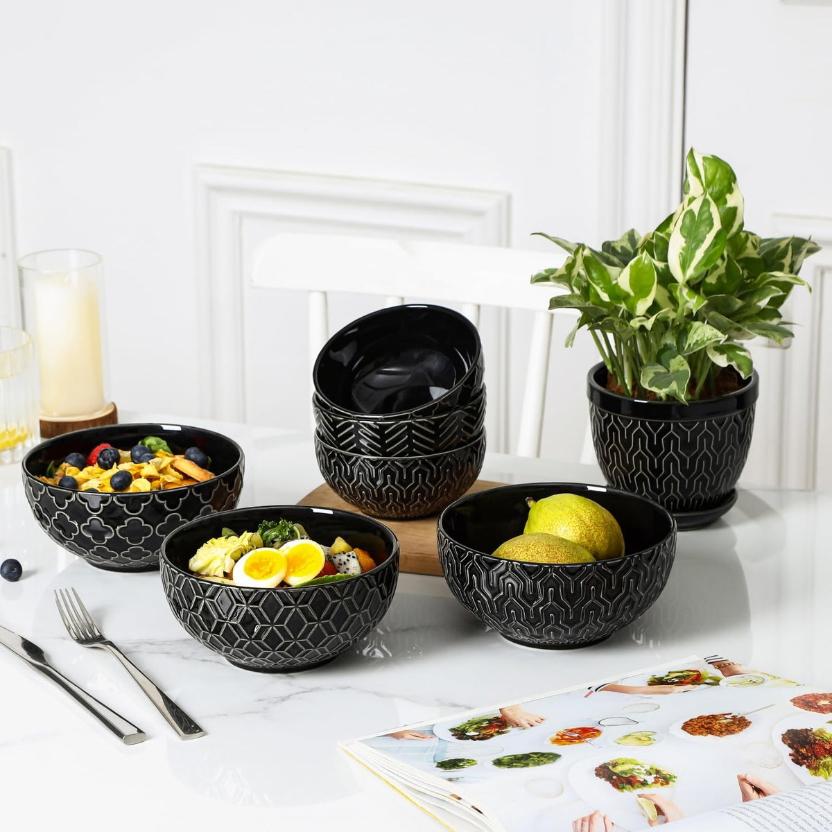 Sureasy Ceramic Cereal Bowls Set of 4, 5.9 Inch Deep Soup Bowls for Kitchen, 25 oz Embossed