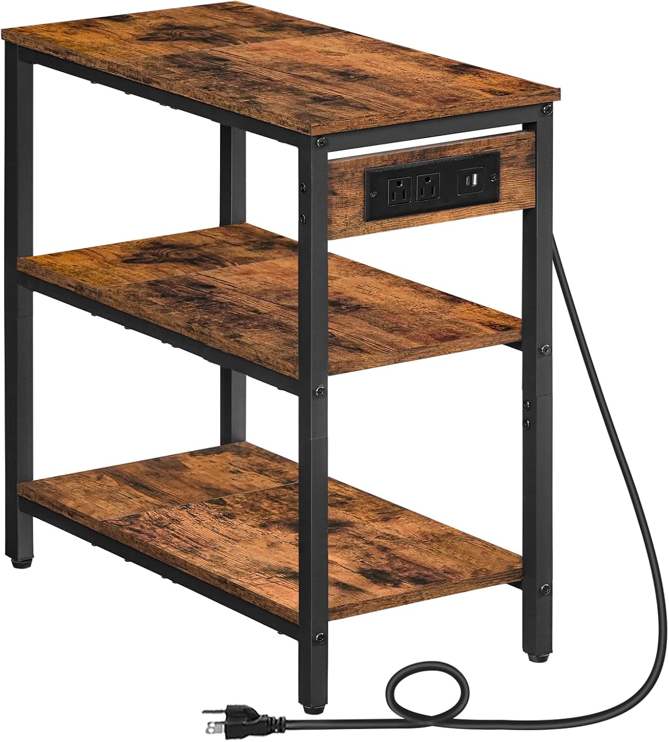 HOOBRO End Table with Charging Station, Simple Rustic Side Table with 3-Tier Storage Shelf, Narrow