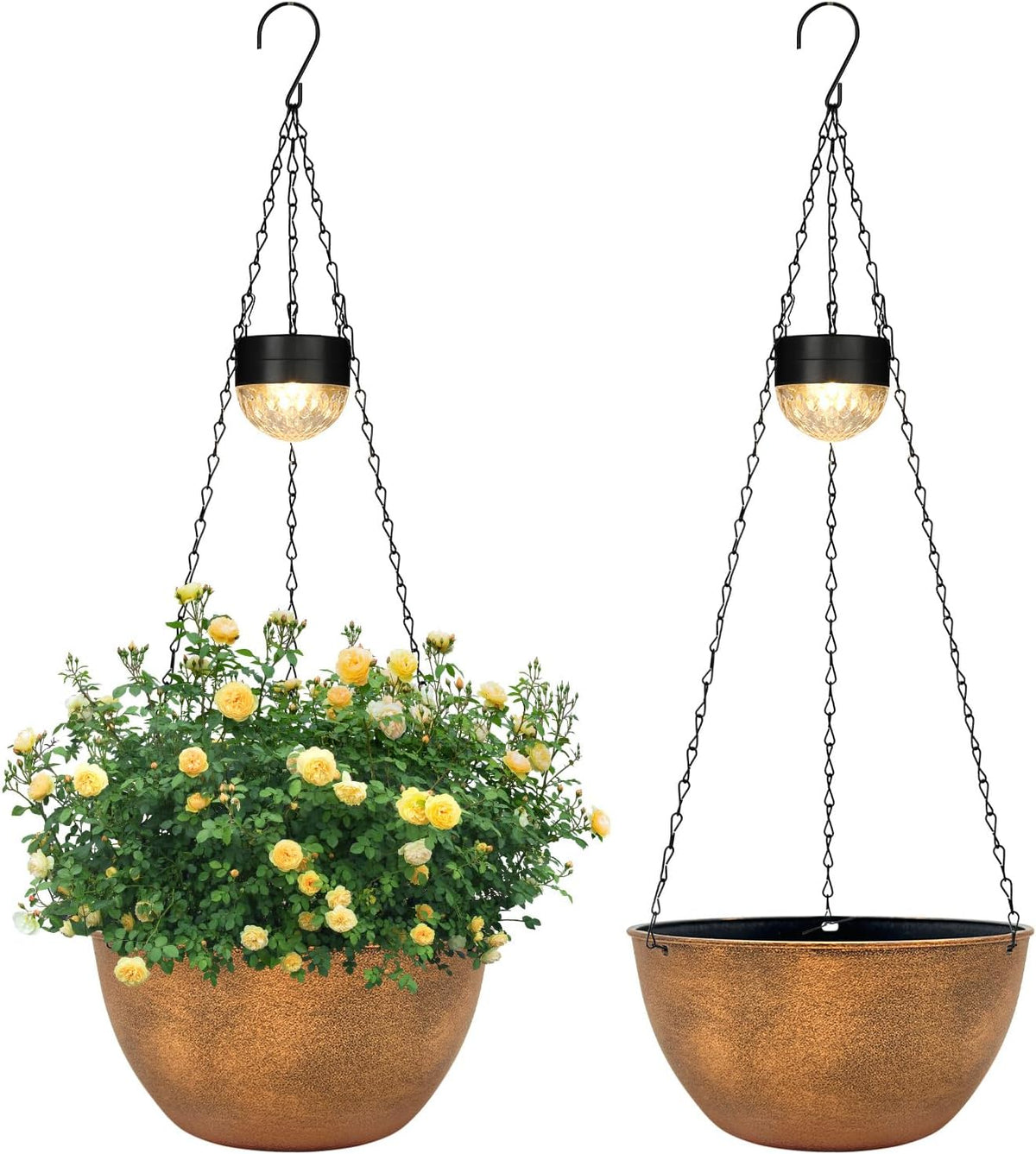 2 Packs Hanging Planters Basket for Outdoor Plants, Solar Powered Self Watering Bronze Round