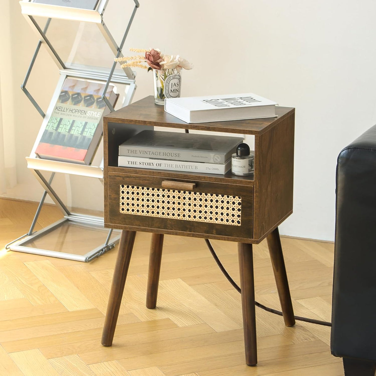 MaxSmeo Small Nightstand with Charging Station, Rattan Side Table Mid Century Modern Bedside Table