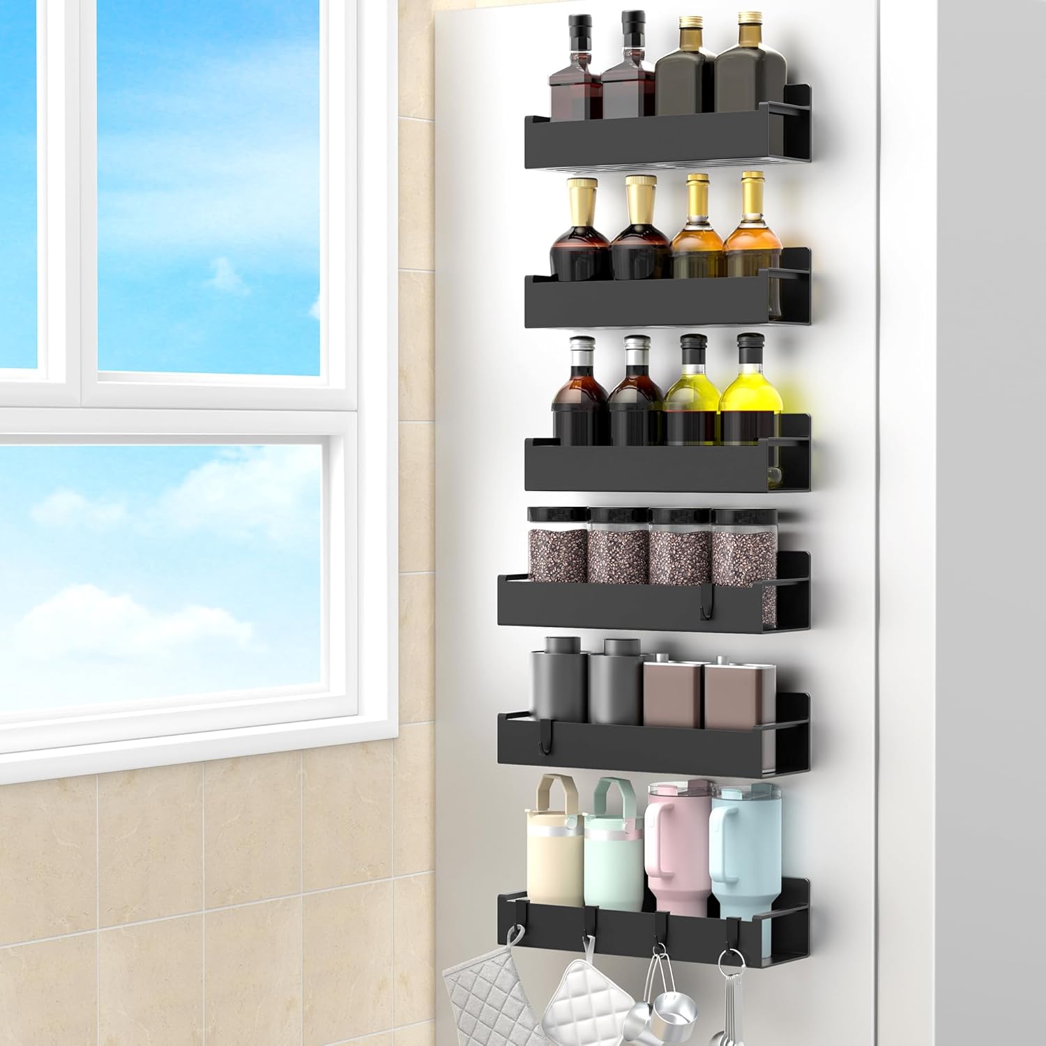 6 Pack Magnetic Spice Rack Organizer for Refrigerator and Oven, Black Fridge Organizers and Storage