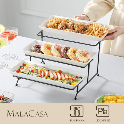 MALACASA 3 Tier Serving Tray, Porcelain Tiered Cupcake Stand, Ceramic Elevated Serving Platter with