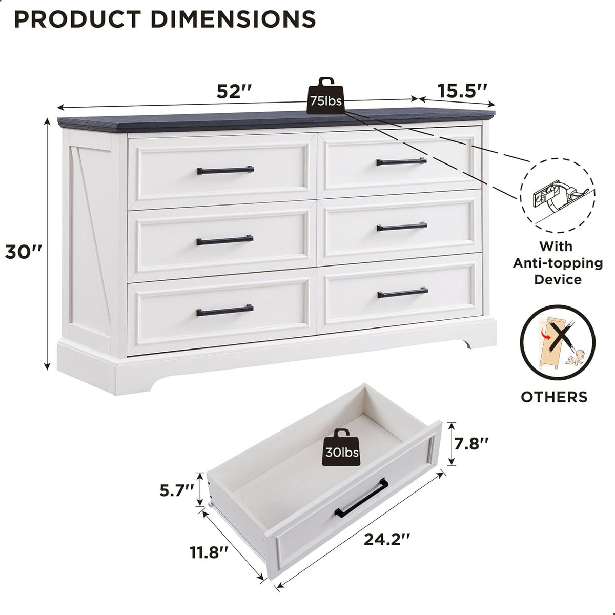 Farmhouse 6 Drawer Dresser for Bedroom, 52 Inch Wide Modern Dresser TV Stand with Large Drawers &