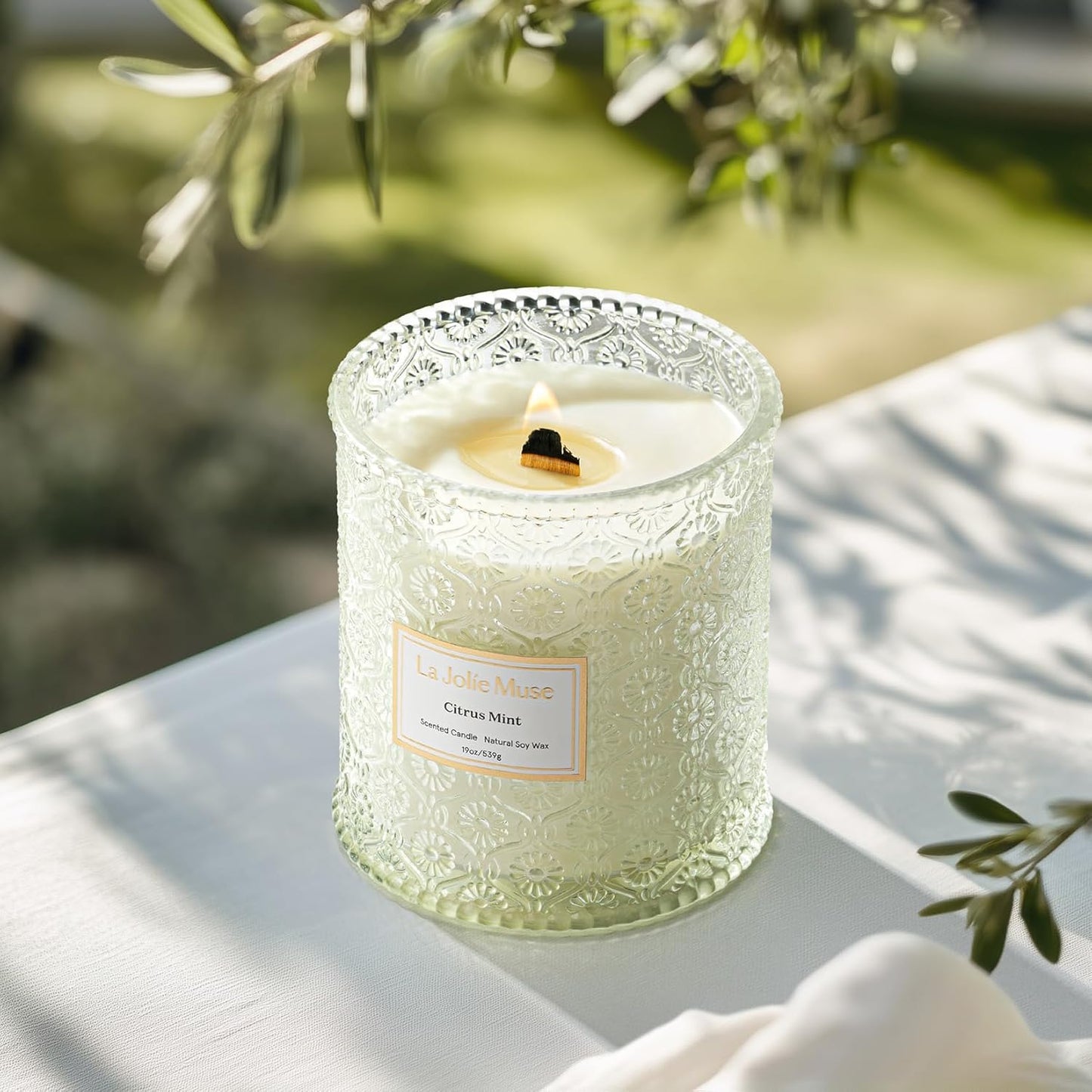 LA JOLIE MUSE Citrus Mint Candle - Bergamot, Yuzu, Mint | 19 oz Large Wooden Wick Candle | Natural