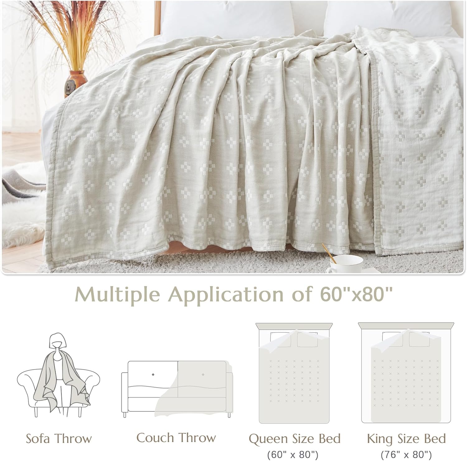 jinchan Boho 100% Cotton Blanket Muslin Twin Size 60x80 Inches Lightweight 3-Layer Geometric Cross