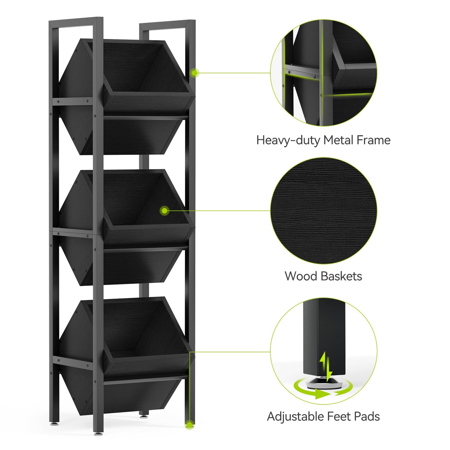 LITTLE TREE 3-Tier Basket Stand, Wooden Floor Stand Shelving Unit, Rustic Standing Organizer