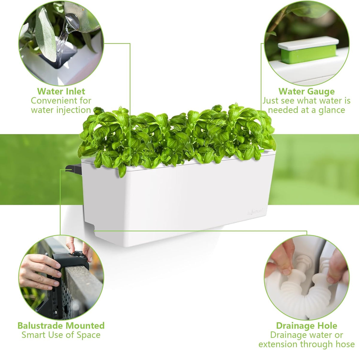 Glowpear Self Watering Railing Planter Box - 23.6", White - UV Stable, Scalable Plant Pot with