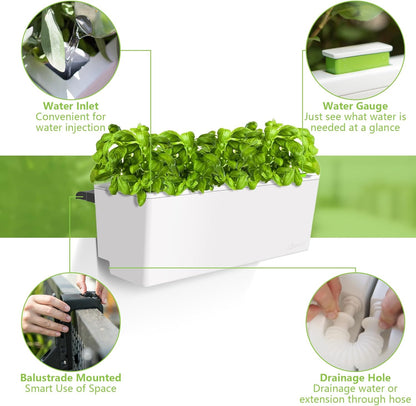 Glowpear Self Watering Railing Planter Box - 23.6", White - UV Stable, Scalable Plant Pot with