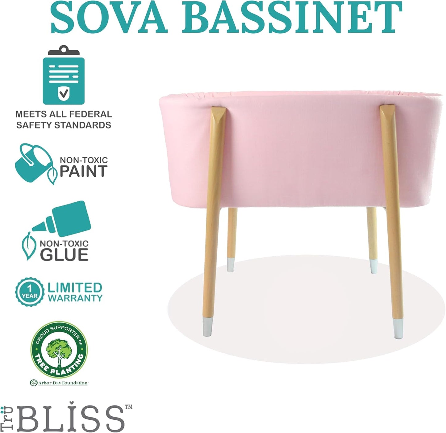 Sova Portable Baby Bassinet, Mid-Century Design with Extra Deep Walls for Newborns and Babies