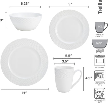 Mikasa Trellis Bone China 16-Piece Dinnerware Set, Service for 4, White Lightweight Porcelain with