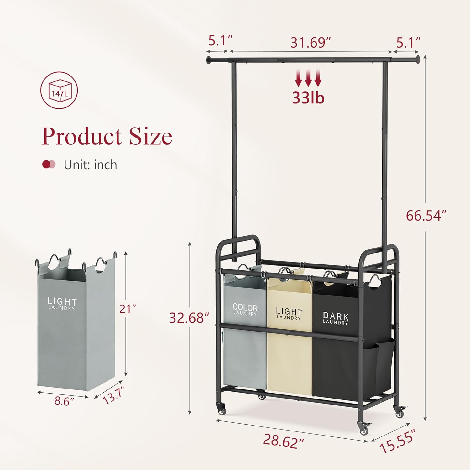 Tajsoon Laundry Sorter Cart with Hanging Clothes Rack, 3 Butler Sorter Basket Organizer, Laundry