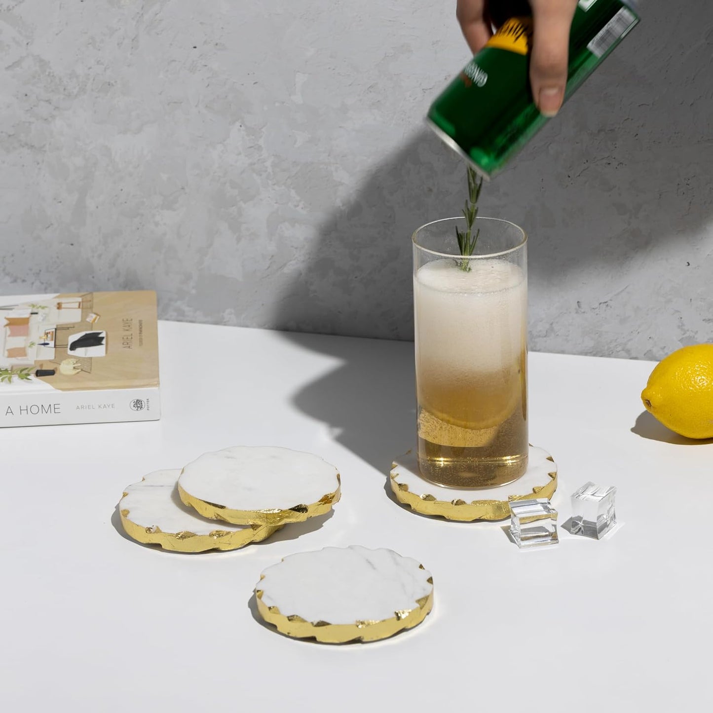 Set of 6 Real Marble Coasters with Golden Borders, decoratice White & Gold Coasters for Desk