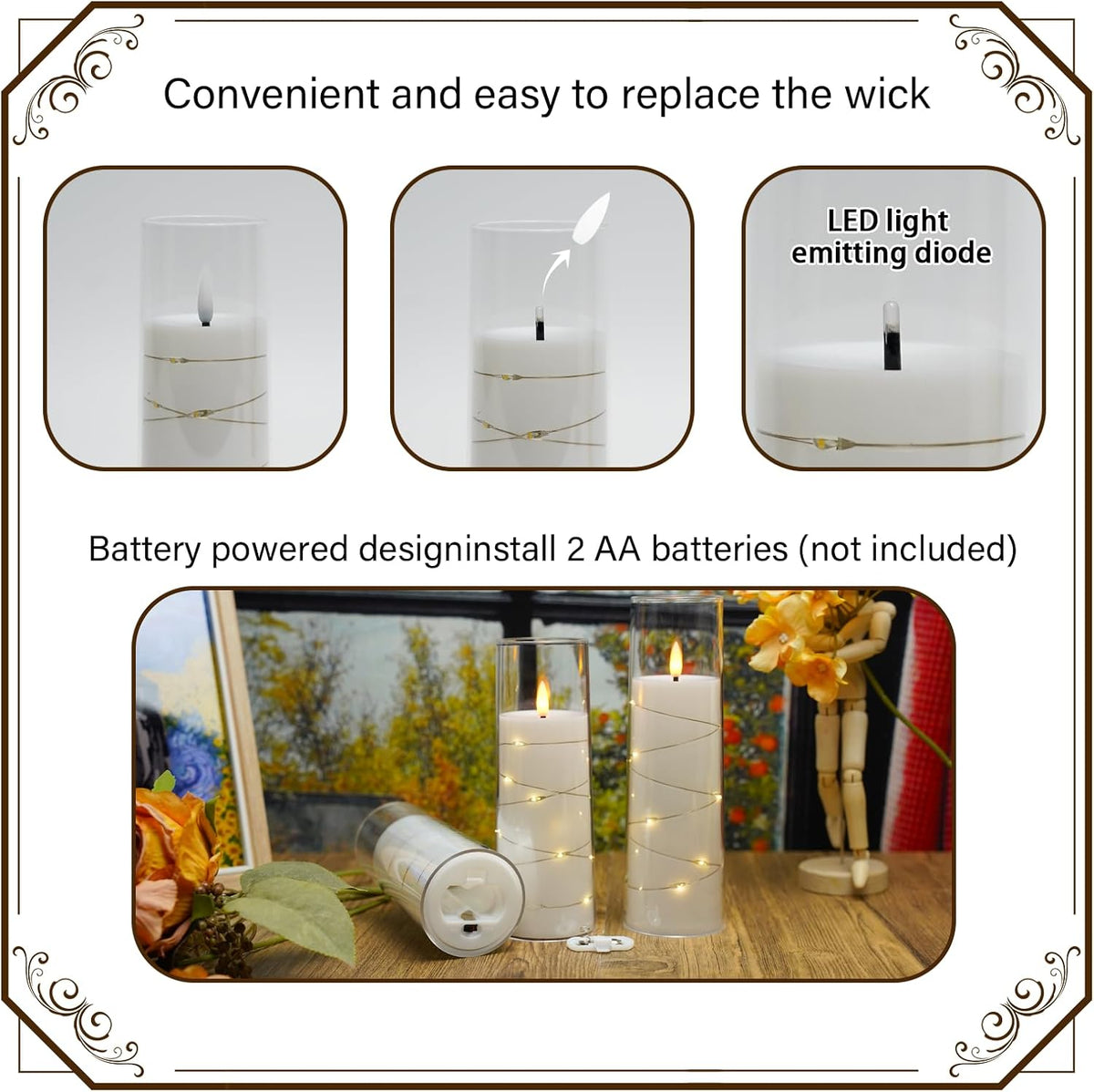 Flickering Flameless LED Candles, 9 Pcs with Embedded Star String, Acrylic LED Pillar Candles with
