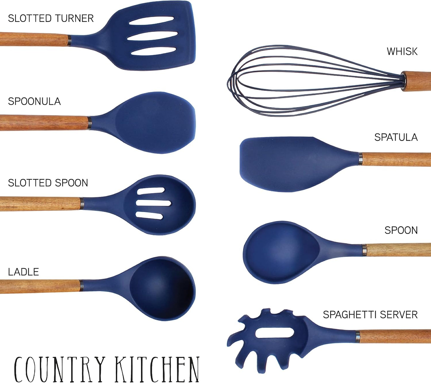 Country Kitchen Non Stick Silicone Utensil Set with Rounded Wood Handles for Cooking and Baking, 8