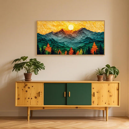 Abstract Sun Mountain Framed Canvas Wall Art Set, Forest Pine Tree Golden Sunset Wall Decor, Mixed