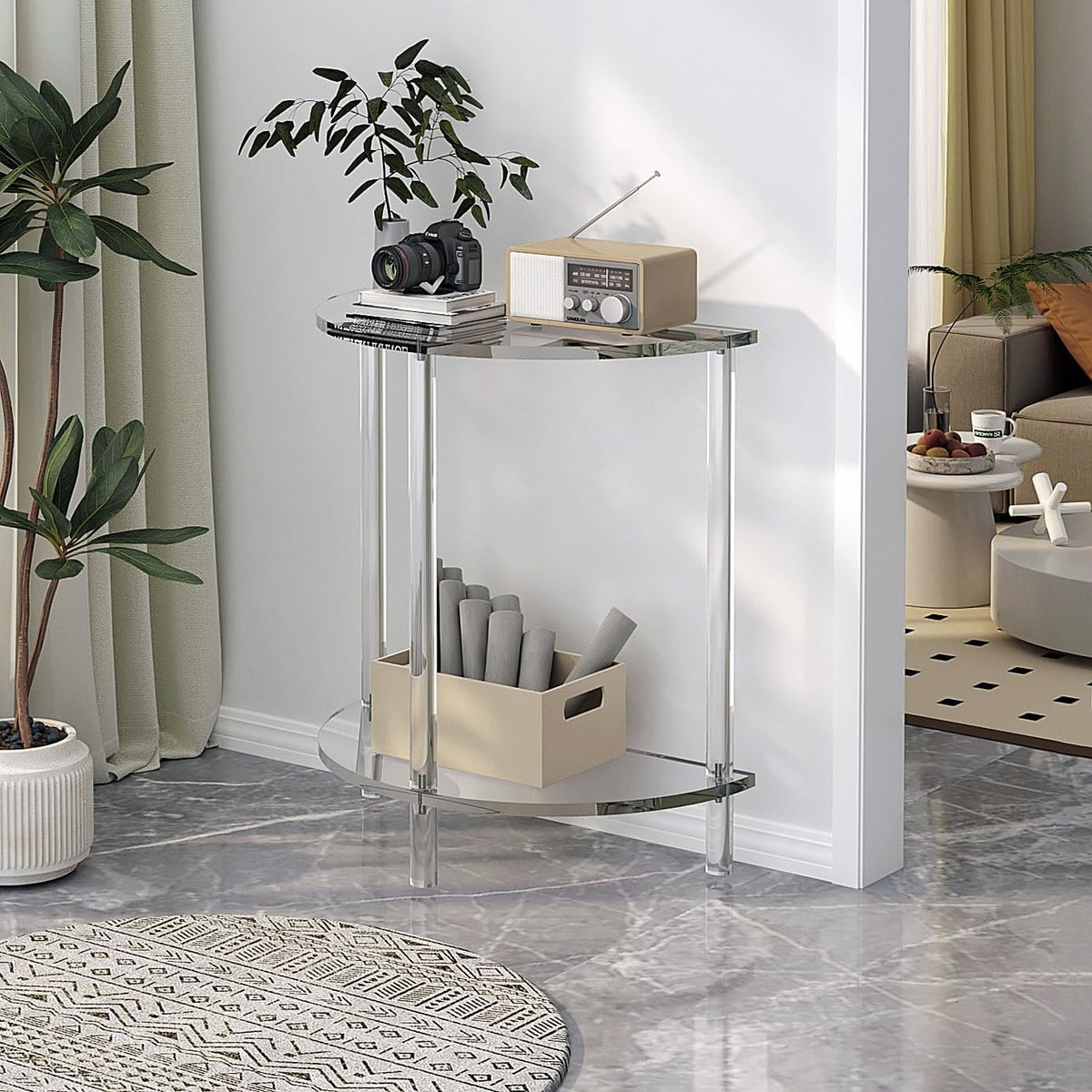 Acrylic Console Table 11.8" D x 23.6" W x 31.2" H, Half Round Console Table for Entryway, Sofa