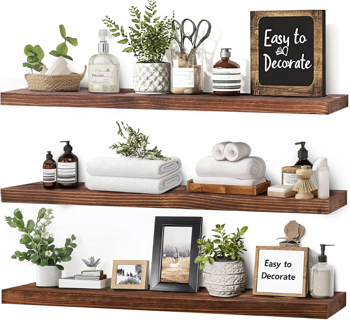 Floating Wall Shelves 3-Pack - 24-Inch Rustic Brown Wooden Shelves for Storage and Décor, Easy