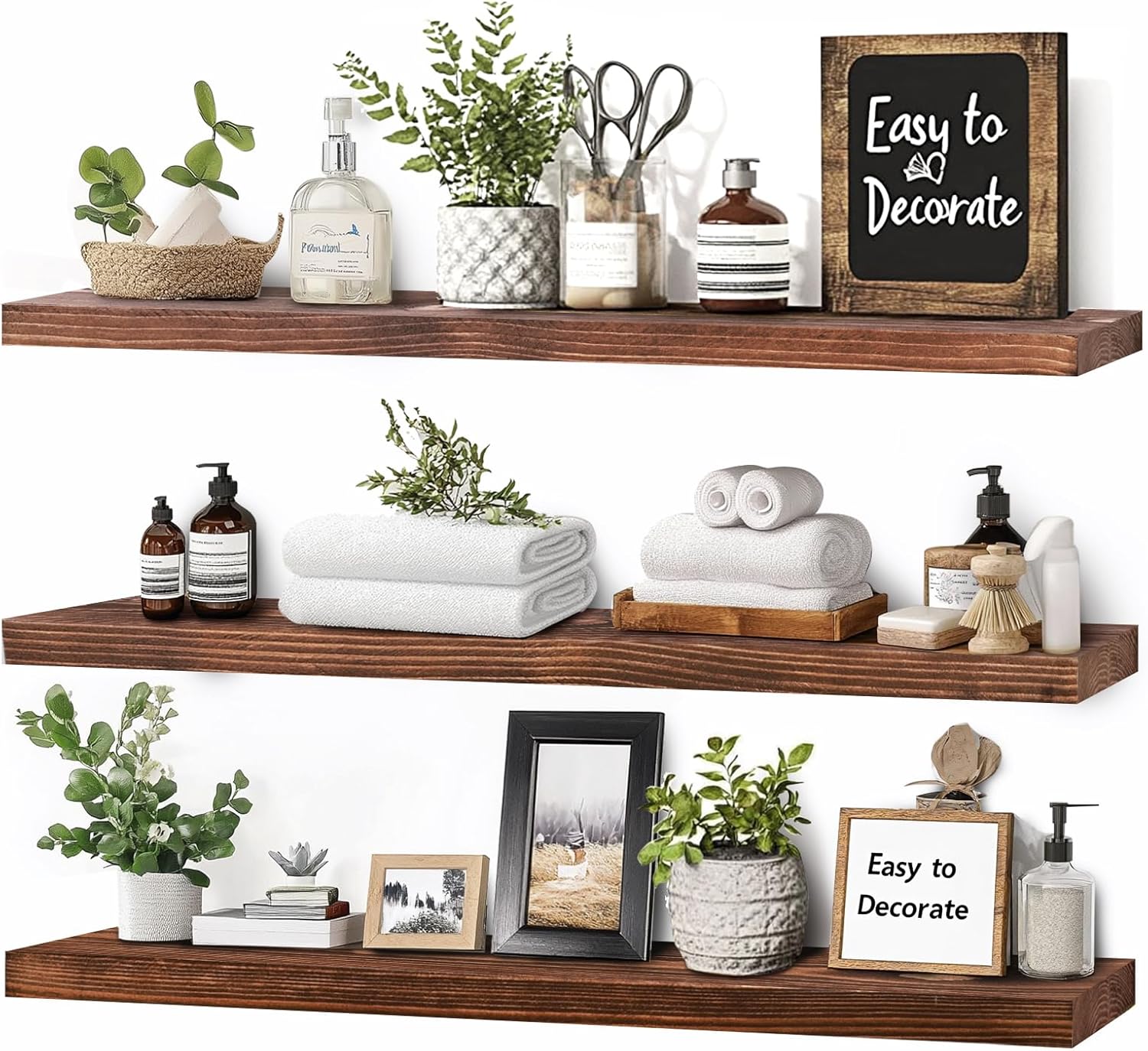 Floating Wall Shelves 3-Pack - 24-Inch Rustic Brown Wooden Shelves for Storage and Décor, Easy