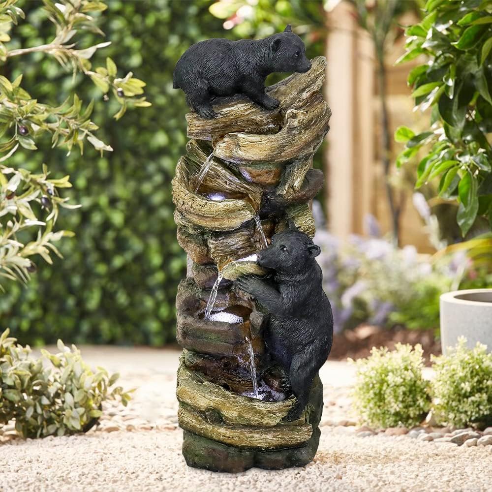 39.3 Inch 5 Tier Outdoor Garden Water Fountain Bears Climbing Tree Resin Fountain with LED Lights