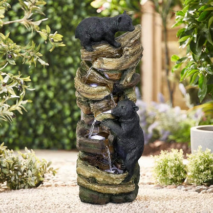 39.3 Inch 5 Tier Outdoor Garden Water Fountain Bears Climbing Tree Resin Fountain with LED Lights