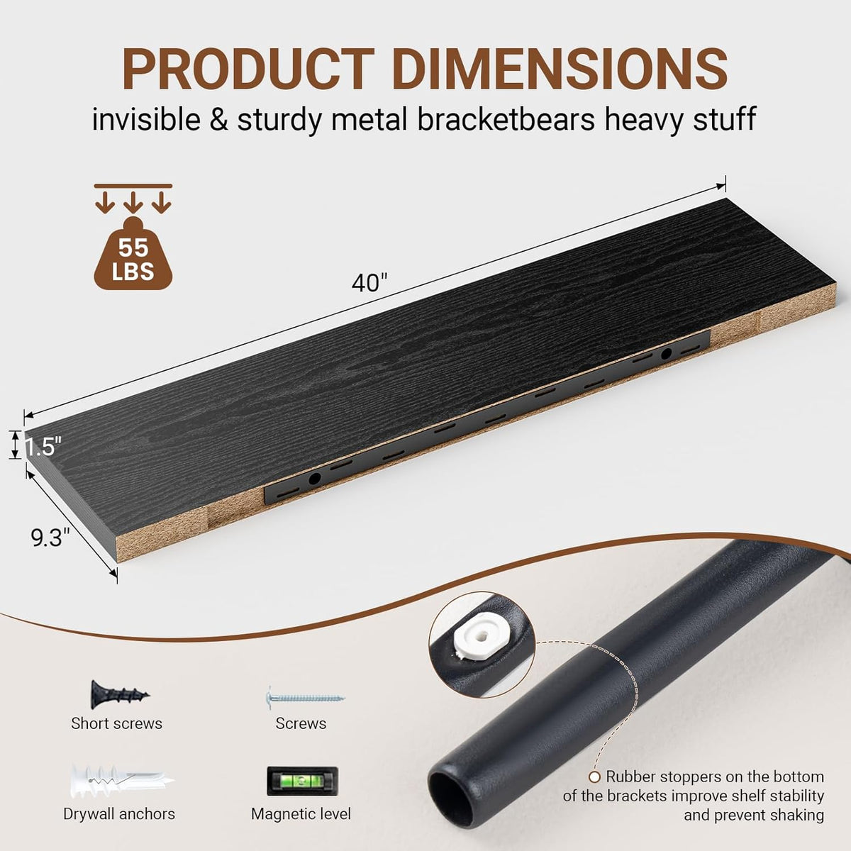 Heimlove 40 Inches Floating Shelves for Wall,9.3" Deep Black Long Floating Shelves Set of 2,Large