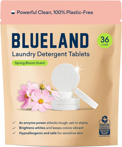BLUELAND Laundry Detergent Tablets, 36 Count, Spring Bloom Scent, Plastic-Free Eco-Friendly Pods