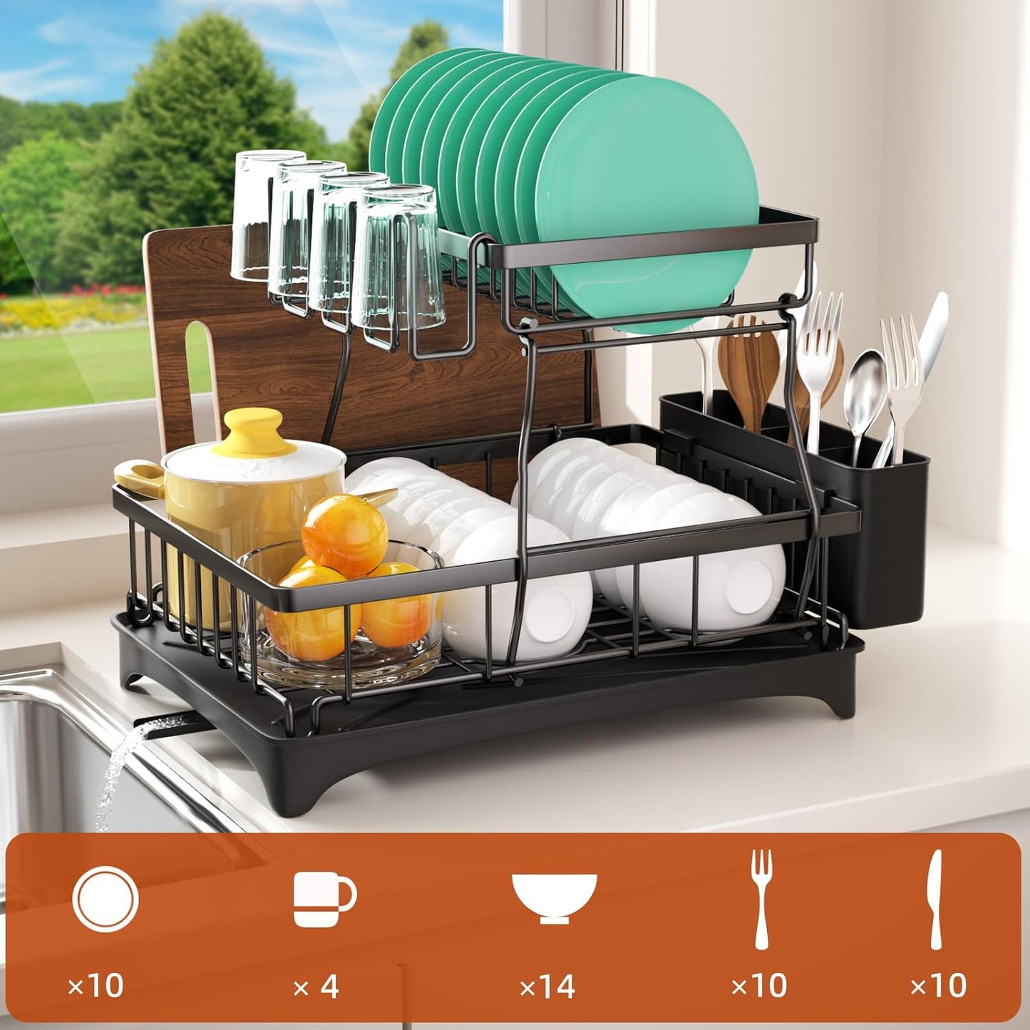 Godboat Dish Drying Rack, 2-Tier Dish Rack with Auto-Drain & Mat, Dish Racks for Kitchen Counter