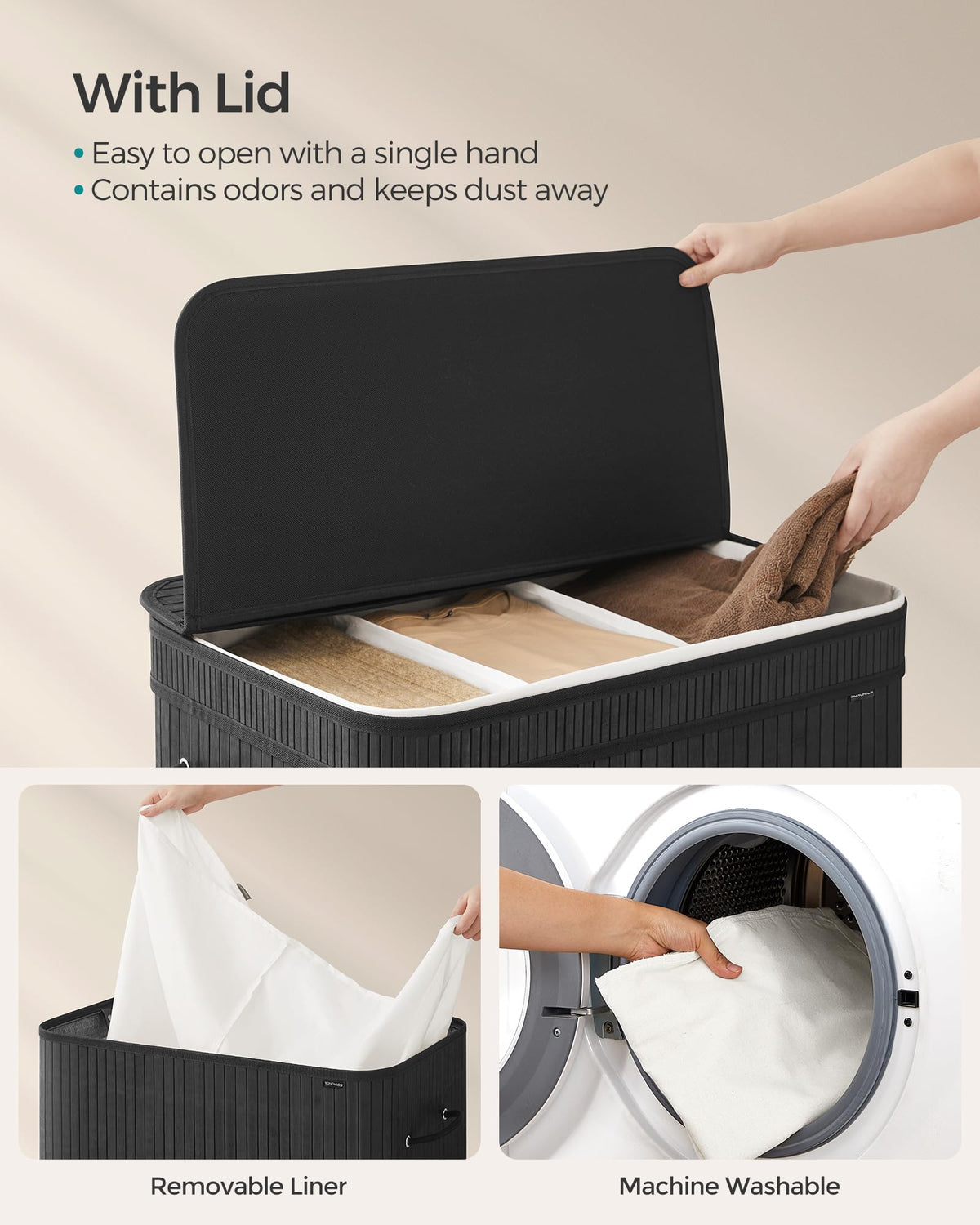 SONGMICS Laundry Hamper with Lid, Bamboo Laundry Basket, Removable Machine Washable Laundry Basket