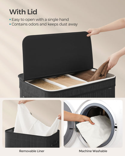 SONGMICS Laundry Hamper with Lid, Bamboo Laundry Basket, Removable Machine Washable Laundry Basket