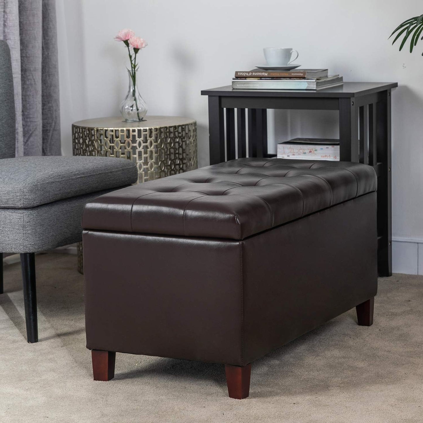 Asense Storage Ottoman Bench, Faux Leather Upholstered End of Bed Bench with Safety Hinge Wooden