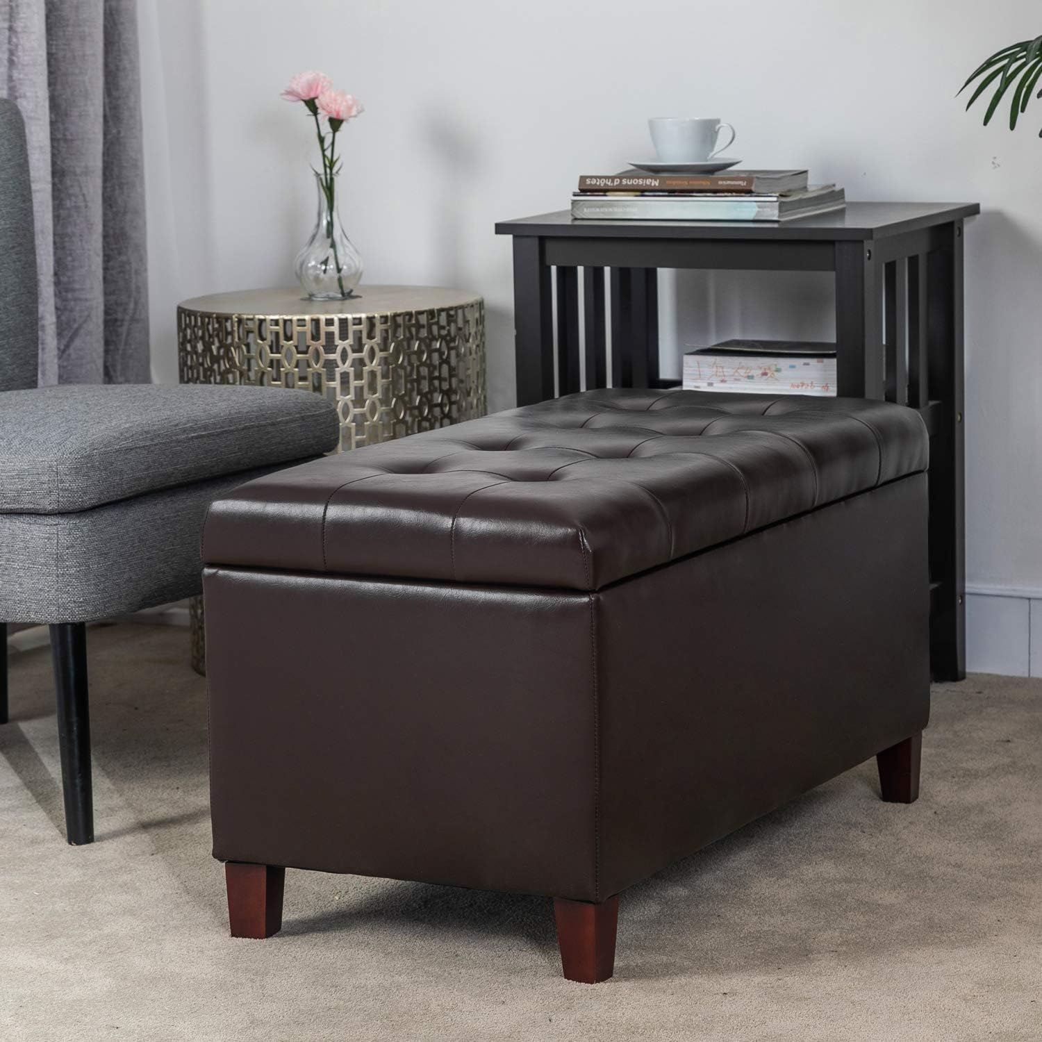 Asense Storage Ottoman Bench, Faux Leather Upholstered End of Bed Bench with Safety Hinge Wooden