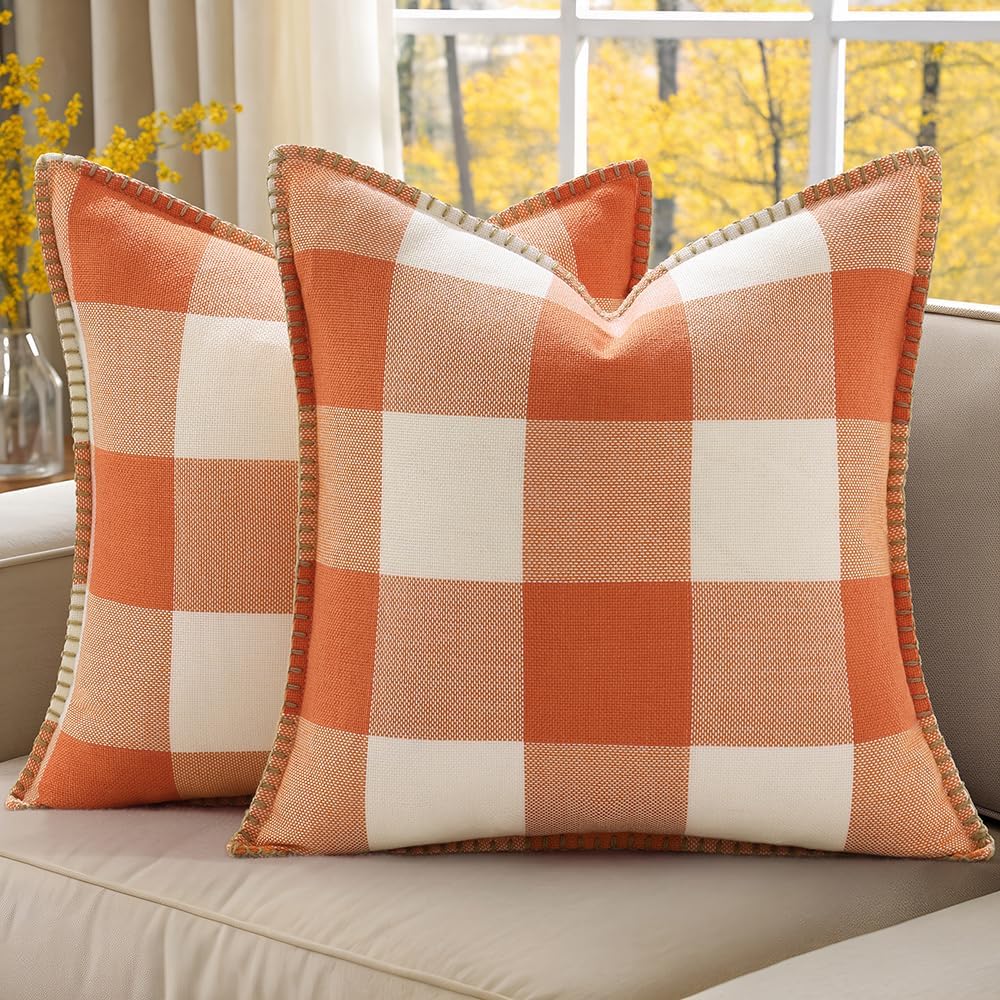 decorUhome Fall Orange and White Decorative Throw Pillow Covers 18x18 Set of 2, Buffalo Plaid Check