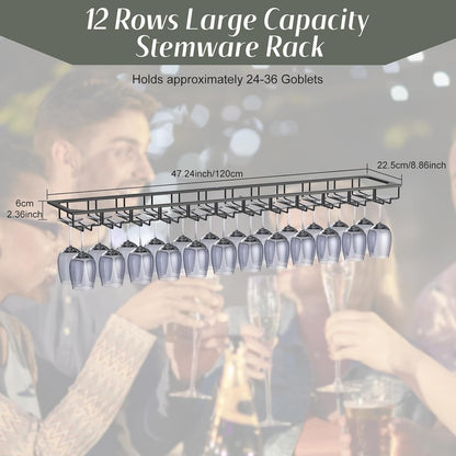Xverycan Wine Glass Rack Under Cabinet, 12 Row Extreme Large Stemware Hanger, Metal Wine Goblet
