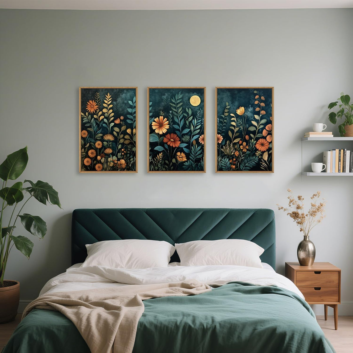 Vintage Dark Botanical Framed Canvas Wall Art Set, Colorful Floral Wall Decor, Nature Wildflower