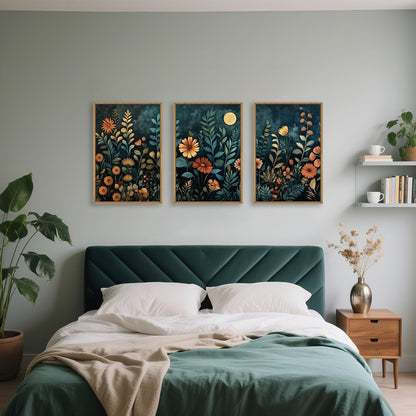 Vintage Dark Botanical Framed Canvas Wall Art Set, Colorful Floral Wall Decor, Nature Wildflower