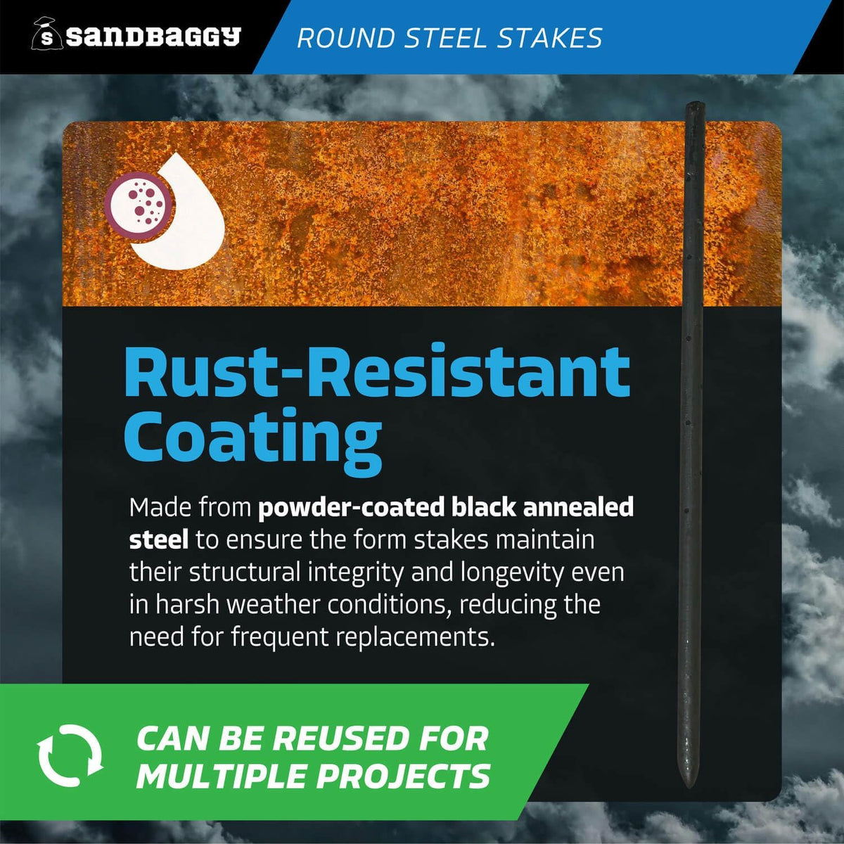 Sandbaggy Round Steel Concrete Form Stakes with Nail Holes - Rust Resistant Coating - Removable