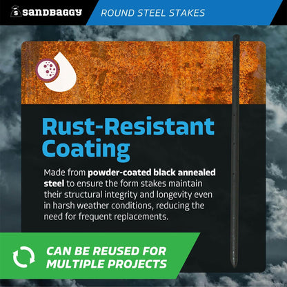 Sandbaggy Round Steel Concrete Form Stakes with Nail Holes - Rust Resistant Coating - Removable